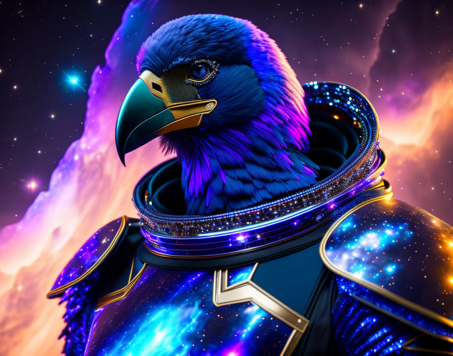 Eagle head digital art with blue feathers in space suit on cosmic nebula.