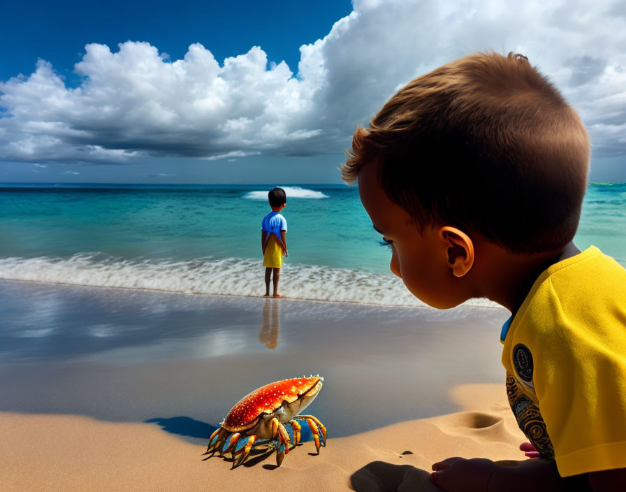 Child in yellow shirt watches colorful crab on sandy beach with cloudy sky background