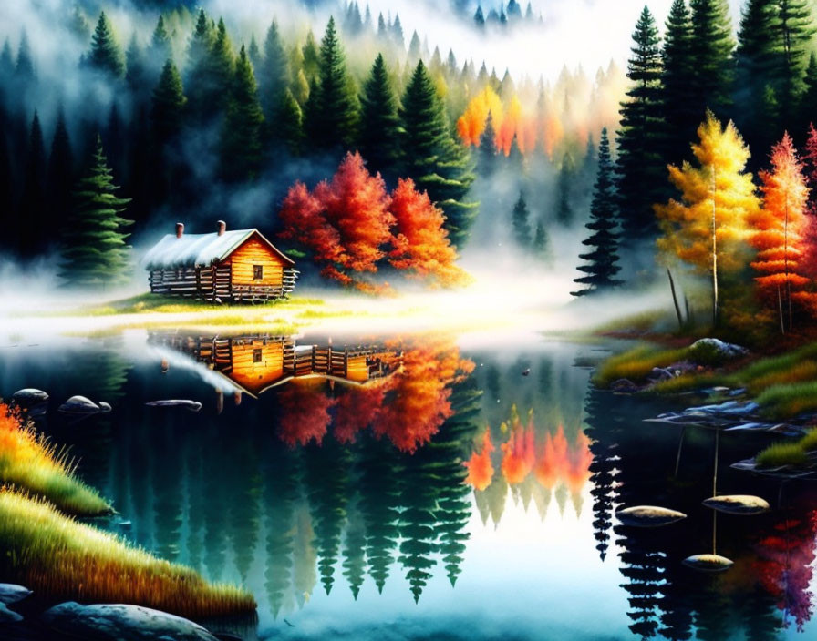 Tranquil Lakeside Cabin Amid Autumn Trees
