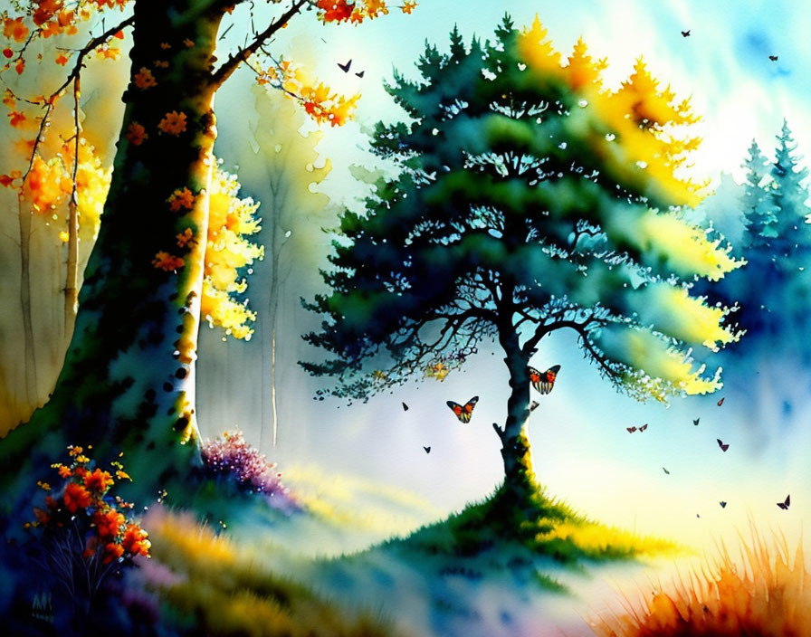 Colorful Watercolor Painting of Whimsical Forest Scene
