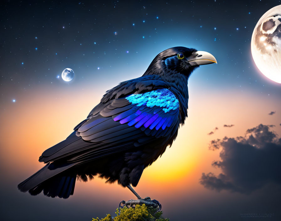 Colorful Raven under Night Sky with Full Moon and Planet
