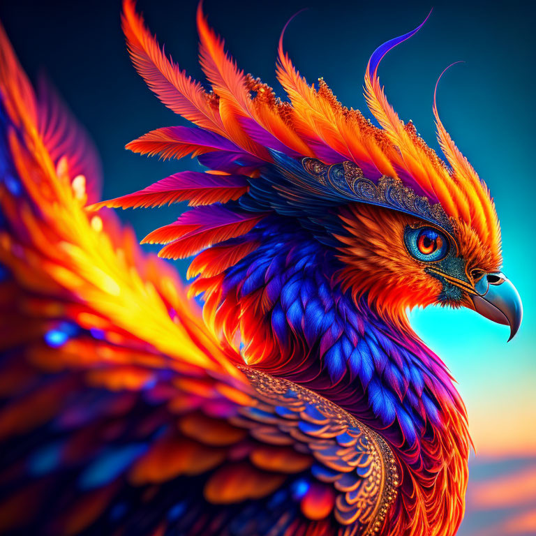 Mythical phoenix digital artwork with fiery plumage against sunset