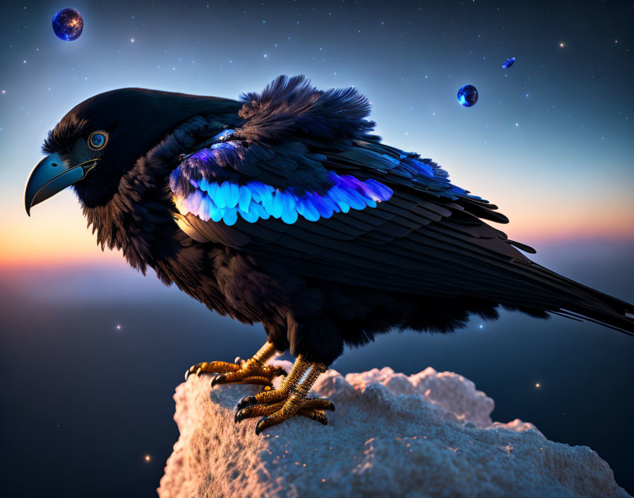 Majestic raven on rock at dusk with shimmering feathers under starry sky