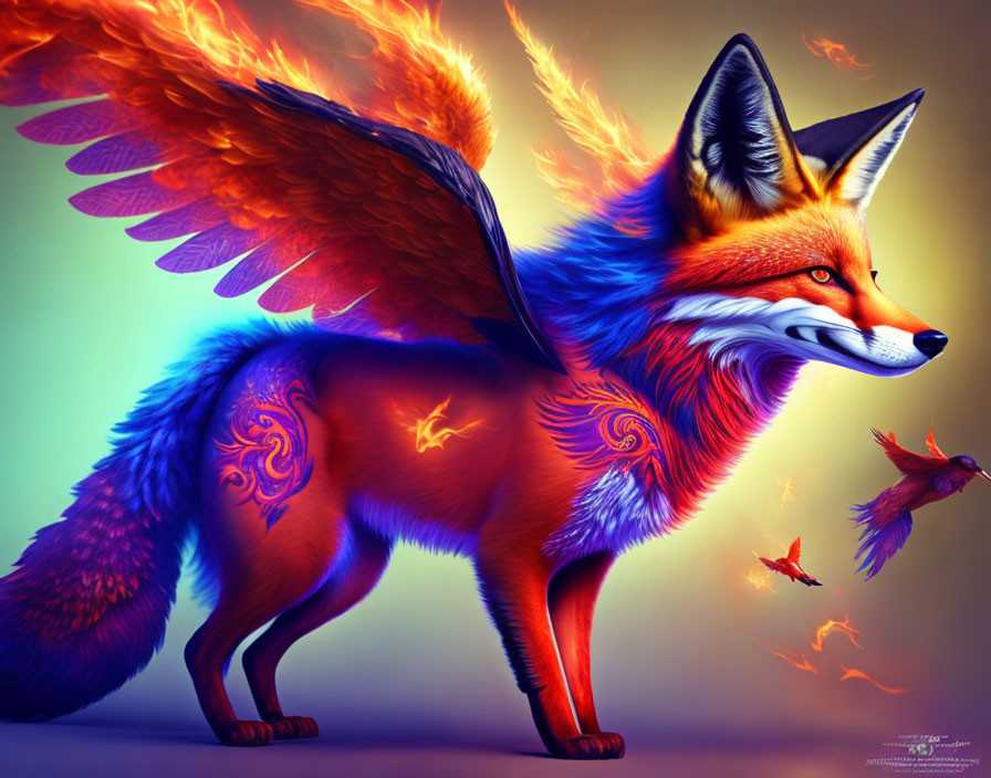 Mythical fox with fiery wings and tail, adorned with intricate glowing patterns