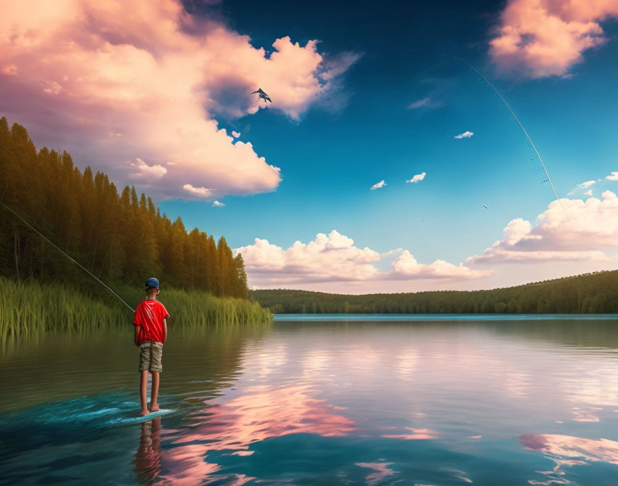 Person fishing in red attire at serene lake with trees, reflections, and flying birds