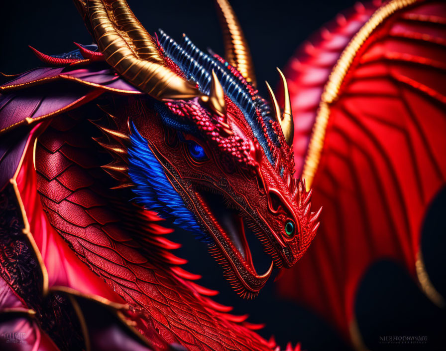 Detailed Red and Blue Dragon Figure with Golden Horns and Sharp Teeth on Dark Background