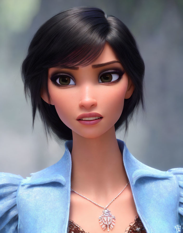Detailed 3D animated female character with short black hair and green eyes in blue jacket, surprised pose