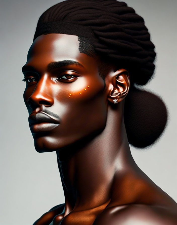 Digital portrait of a person with dark skin, sharp features, and gold facial accents