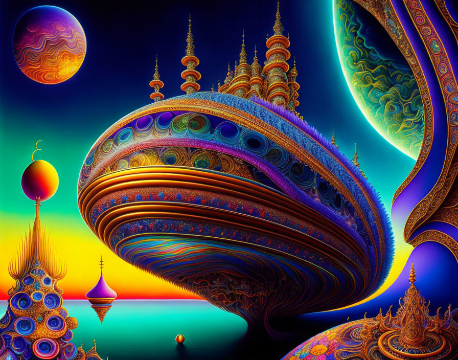 Psychedelic digital art: Vibrant floating structures with intricate patterns on colorful cosmic backdrop