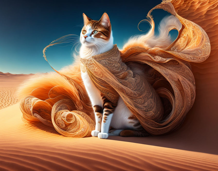 Majestic cat with golden curled wings on desert dune blending fantasy and nature