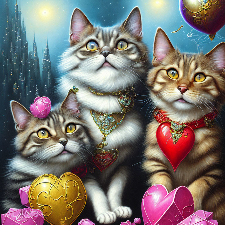 Regal cats with ornate necklaces in mystical castle setting