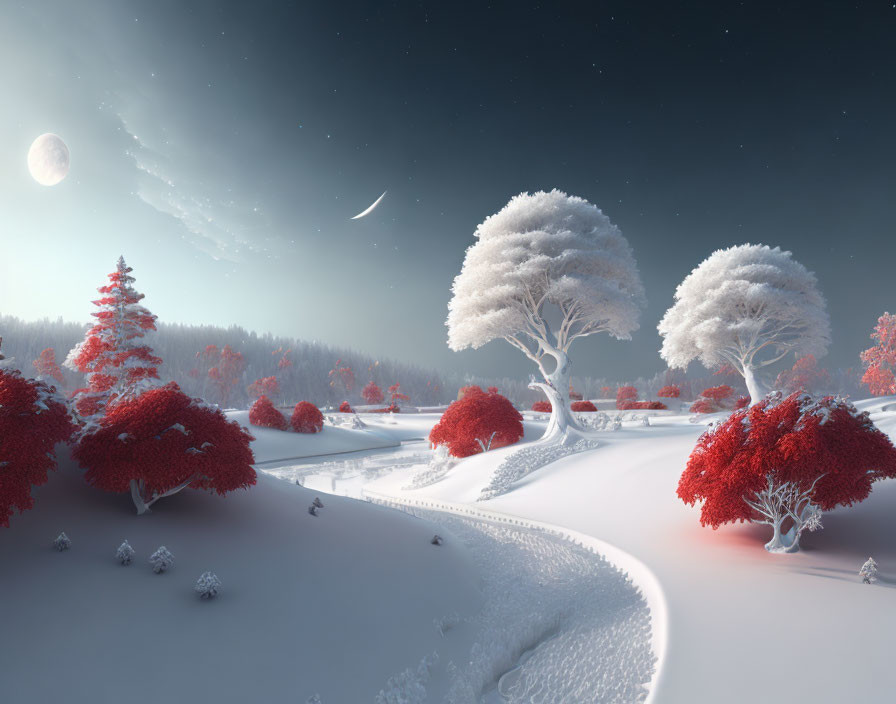 Winter Landscape: Snowy Path, Red Trees, Crescent Moon