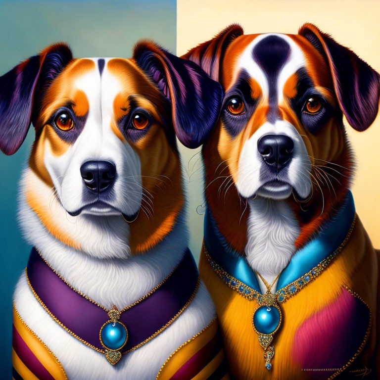 Regal dogs with colorful fur and luxurious necklaces