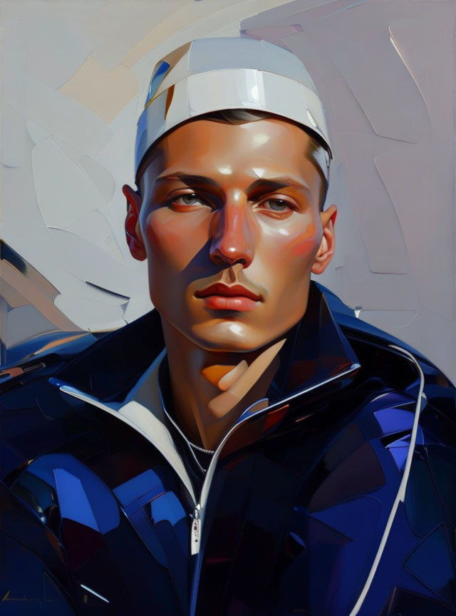 Young man in visor and geometric jacket: Vibrant digital painting