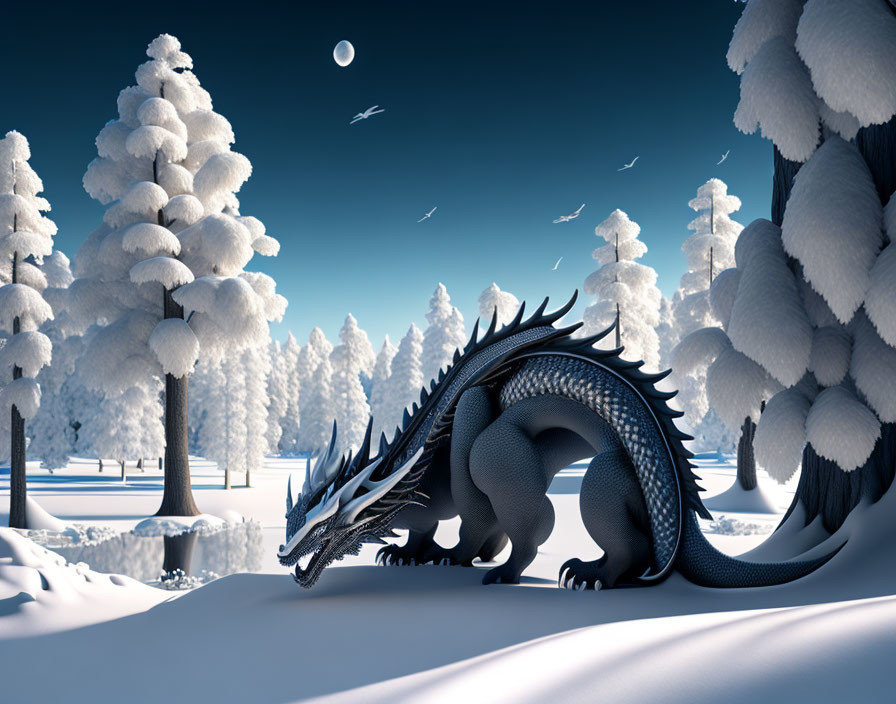 Majestic dragon in serene snow-covered forest with crescent moon