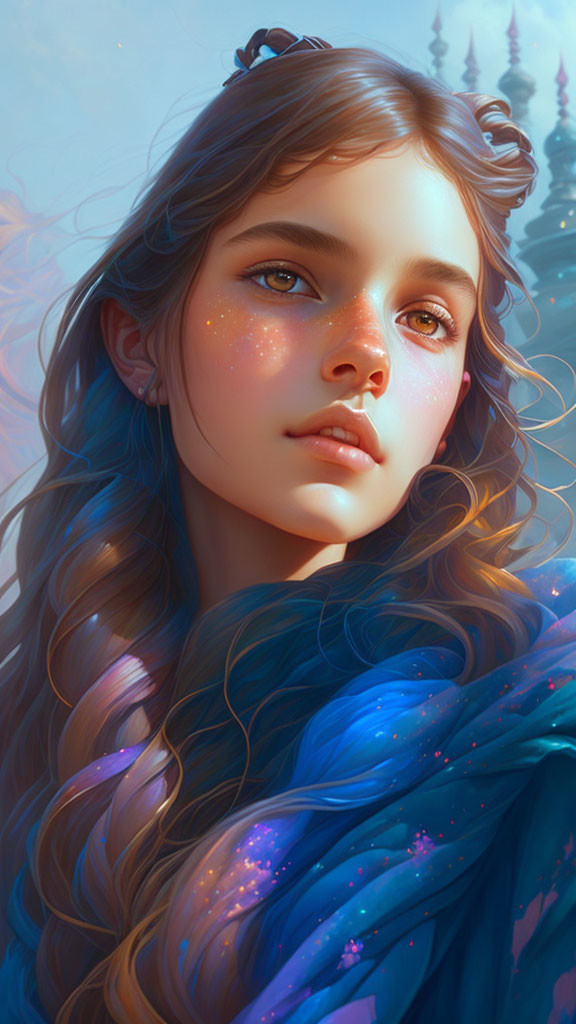 Digital painting of young woman with wavy hair and galaxy-themed cloak in front of fantasy castle