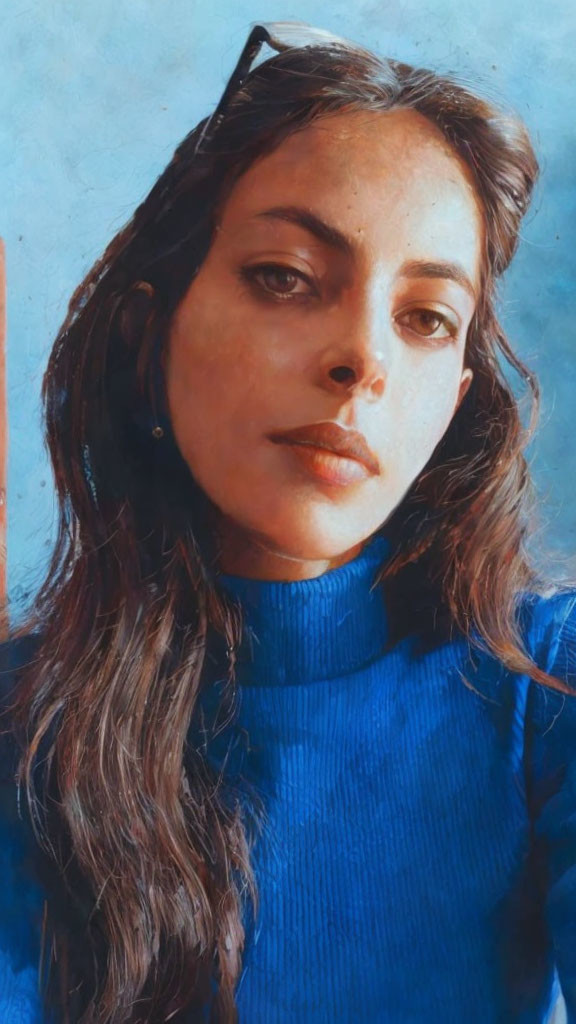 Woman with Shoulder-Length Hair in Blue Turtleneck Sweater and Sunglasses on Head