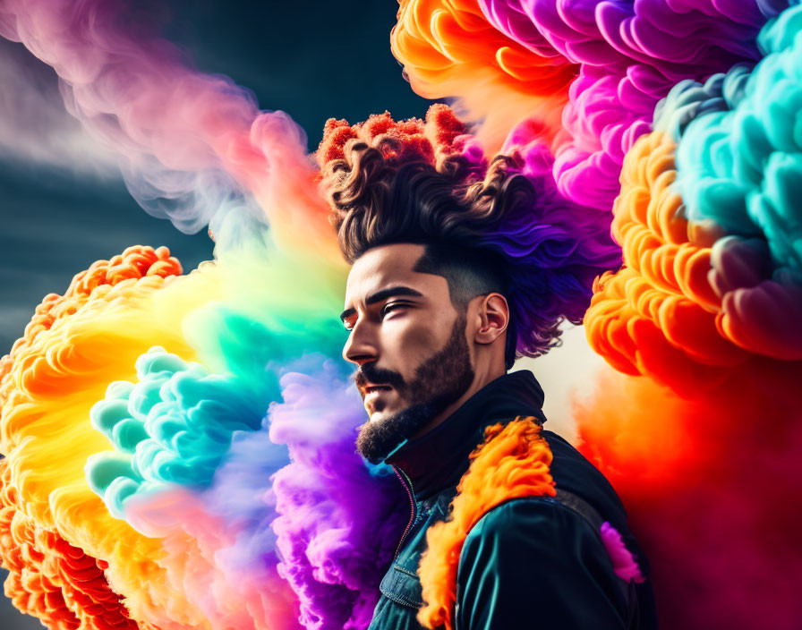 Stylish Bearded Man in Profile Surrounded by Colorful Smoke Clouds
