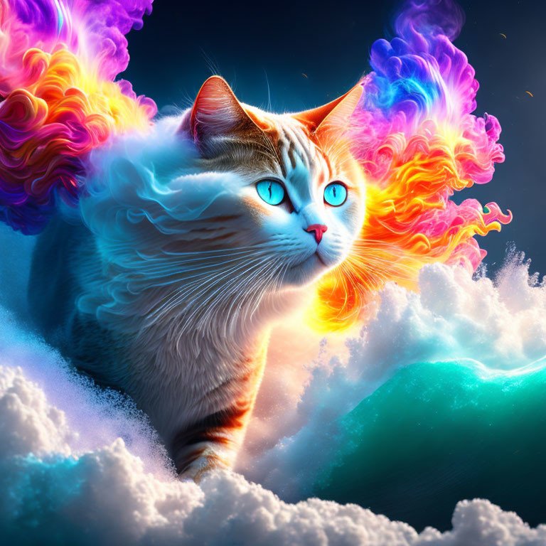 Colorful digital artwork: Cat with fiery multicolored mane in dreamy sky