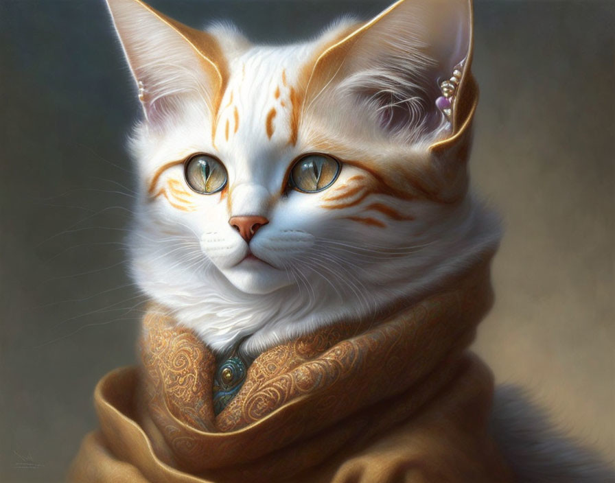 Detailed painting of elegant cat with amber eyes in golden-brown cloak