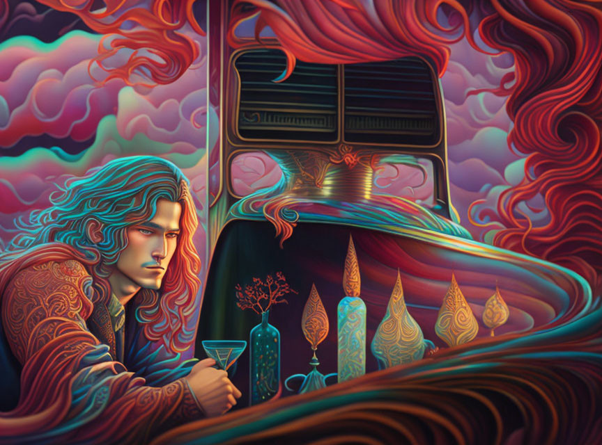 Illustration of long-haired individual at bar with swirling patterns