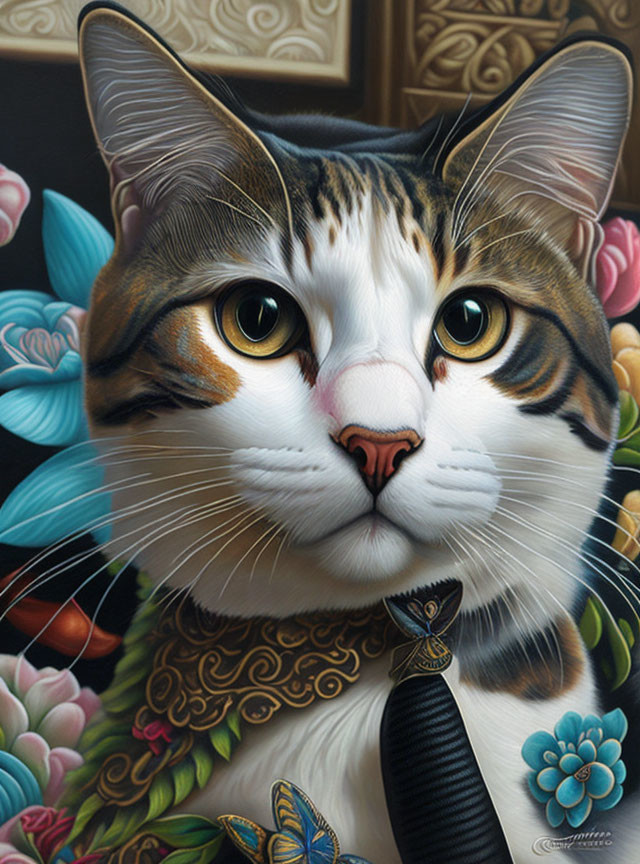 Detailed hyper-realistic cat illustration with intricate fur patterns and black tie on floral backdrop.