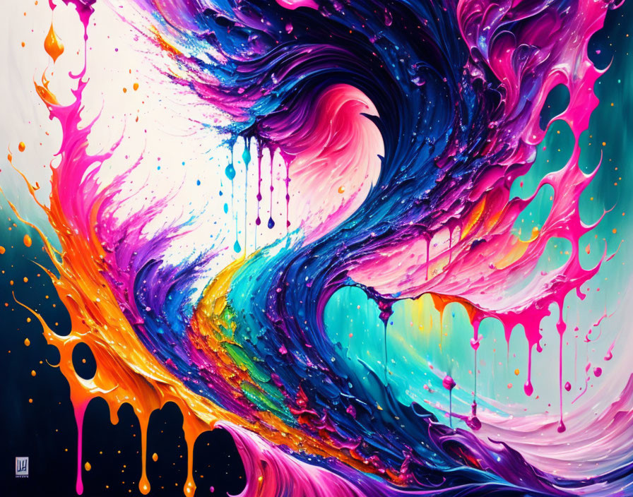 Colorful Abstract Painting with Swirling Patterns in Blues, Purples, Pinks, and Orange