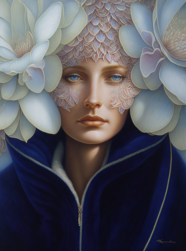 Portrait of a person with blue eyes and white flower headdress on deep blue background