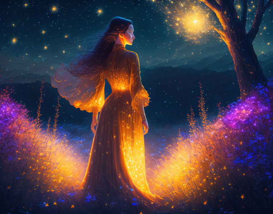 Woman in glowing dress in starlit meadow with warm light and tree