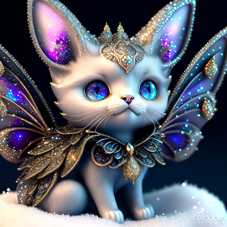 Whimsical digital art of a blue-eyed, grey kitten with butterfly wings in a magical setting