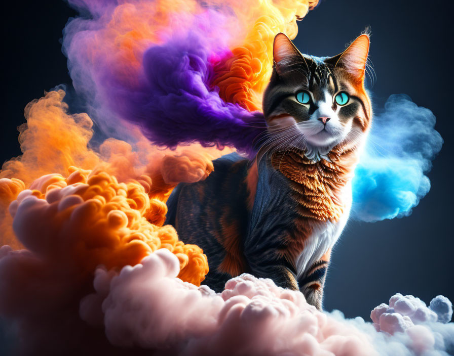 Majestic cat with green eyes in vibrant smoke clouds
