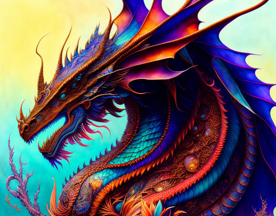 Colorful Dragon Illustration with Elaborate Scales and Horns