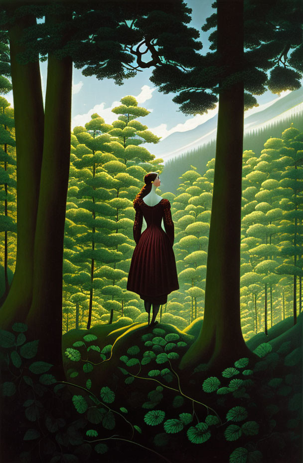 Woman in Red Dress Surrounded by Trees and Mountains in Soft Sunlight