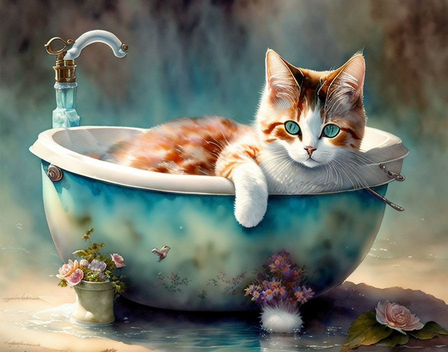Orange and White Cat with Blue Eyes in Floral Bathtub Scene