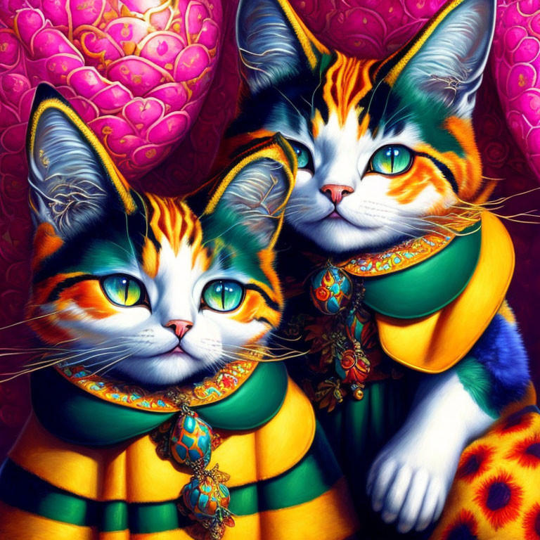 Two ornately dressed cats with vibrant colors and gem-like pendants on a heart-patterned background.