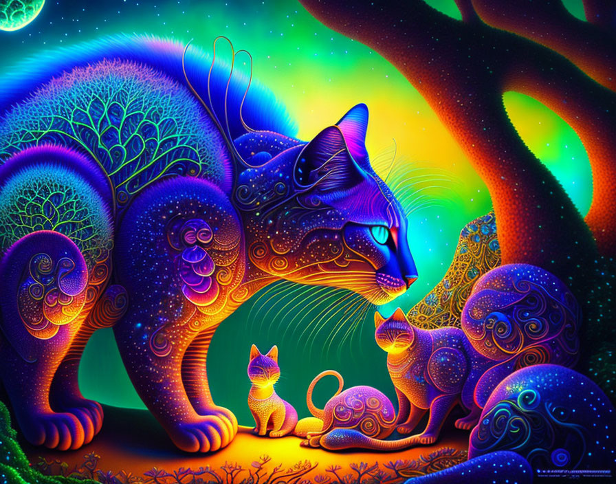 Colorful Artwork of Majestic Cat with Starry Sky and Aurora