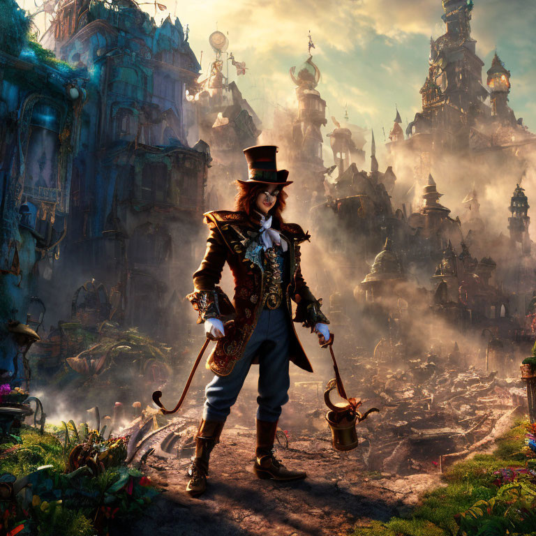 Whimsical character in top hat before fantasy city with spires