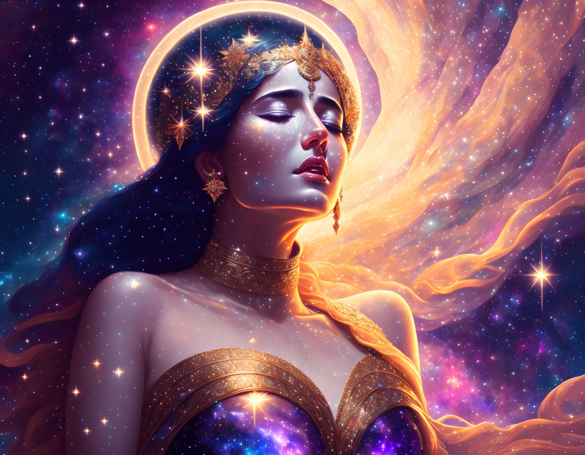 Illustrated woman in golden cosmic attire with halo, surrounded by stars and nebulae.