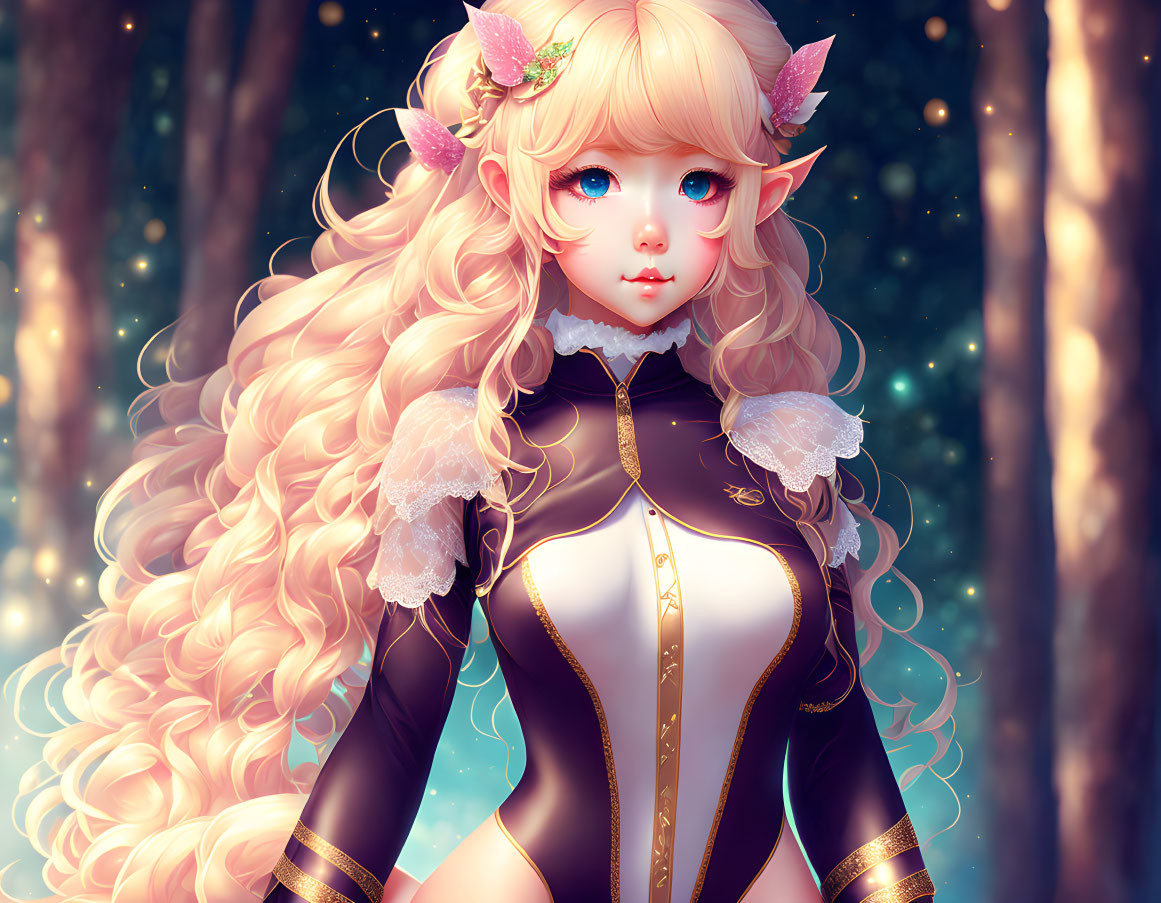 Blonde elf character with blue eyes in black and gold outfit in forest
