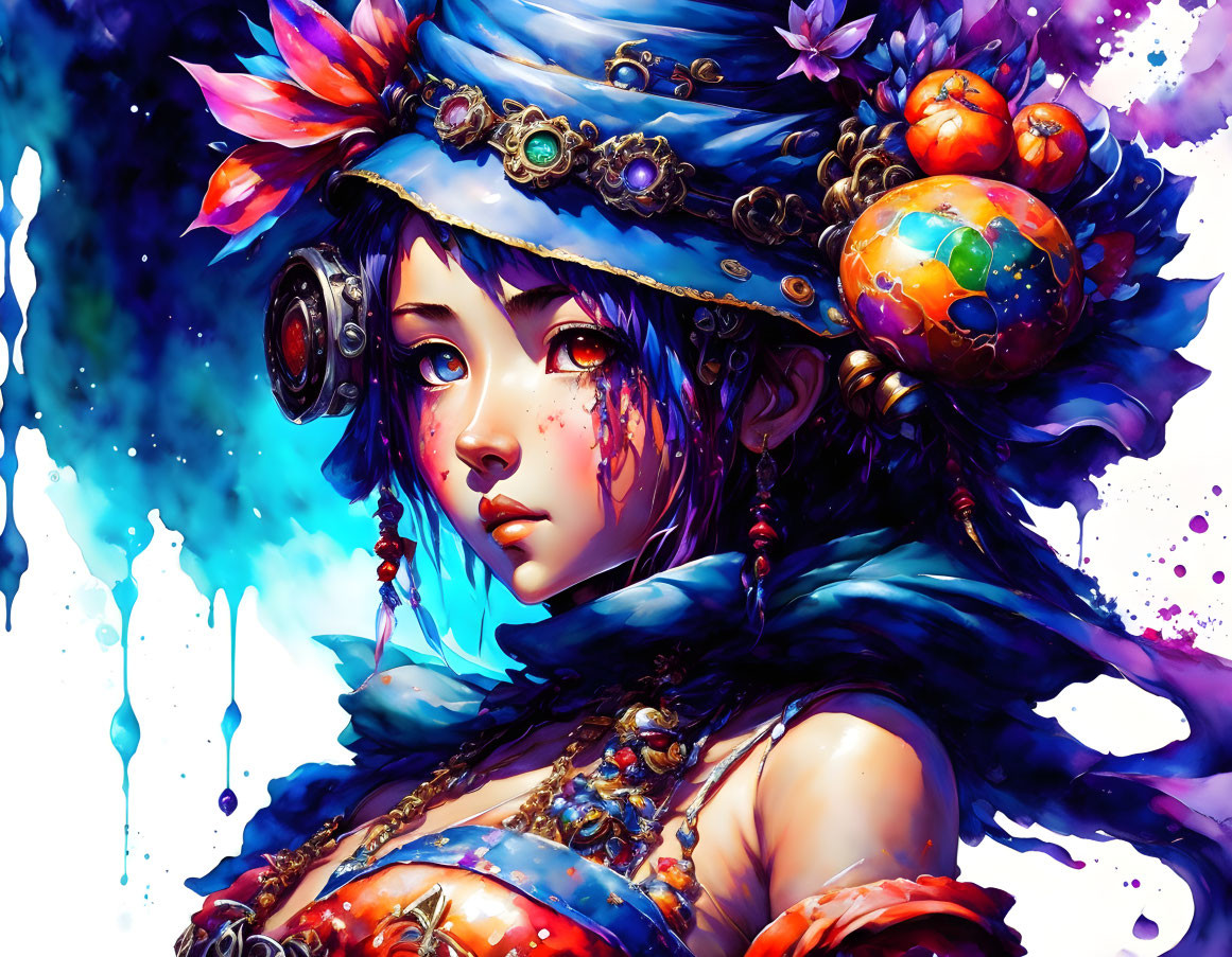 Colorful digital artwork of female character in blue attire and hat with jewels and fruits on mystical background