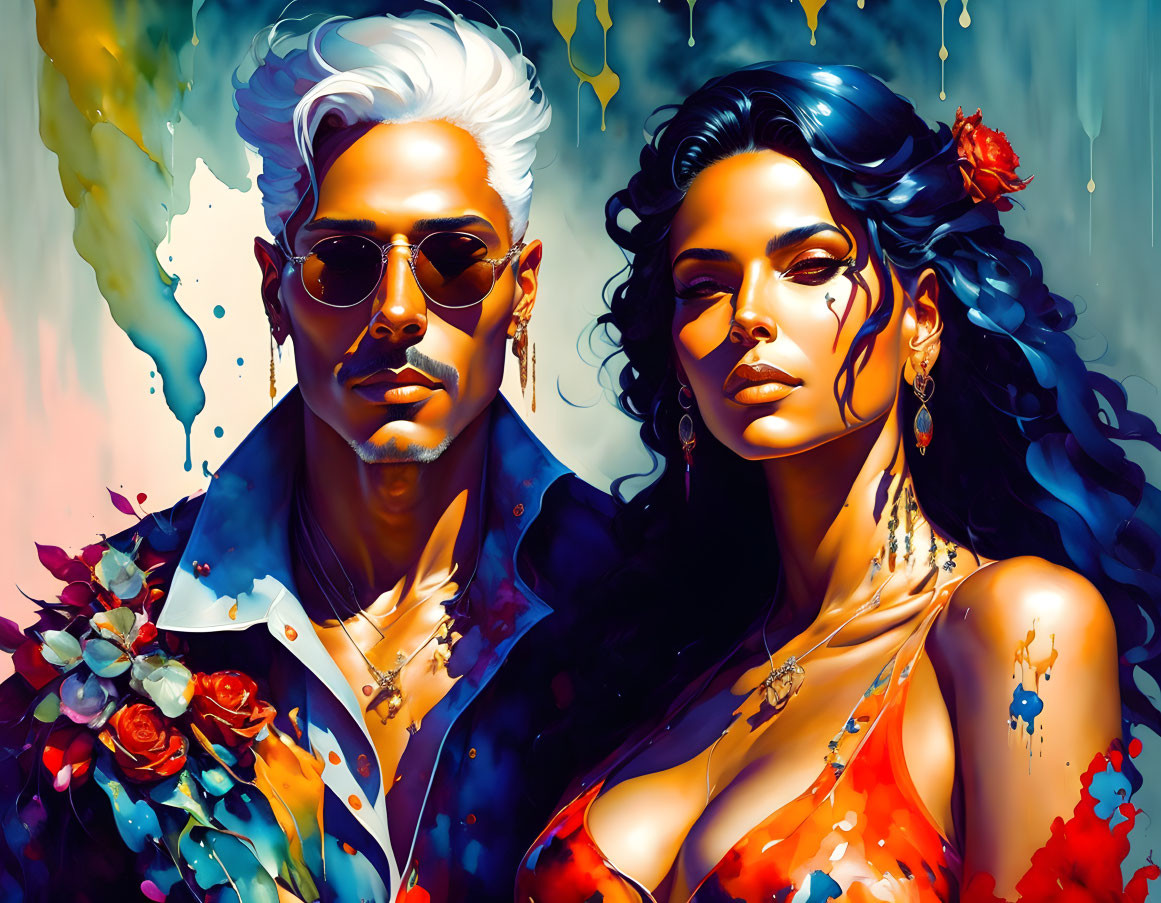 Colorful Portrait of Man and Woman with Drip Art Effects