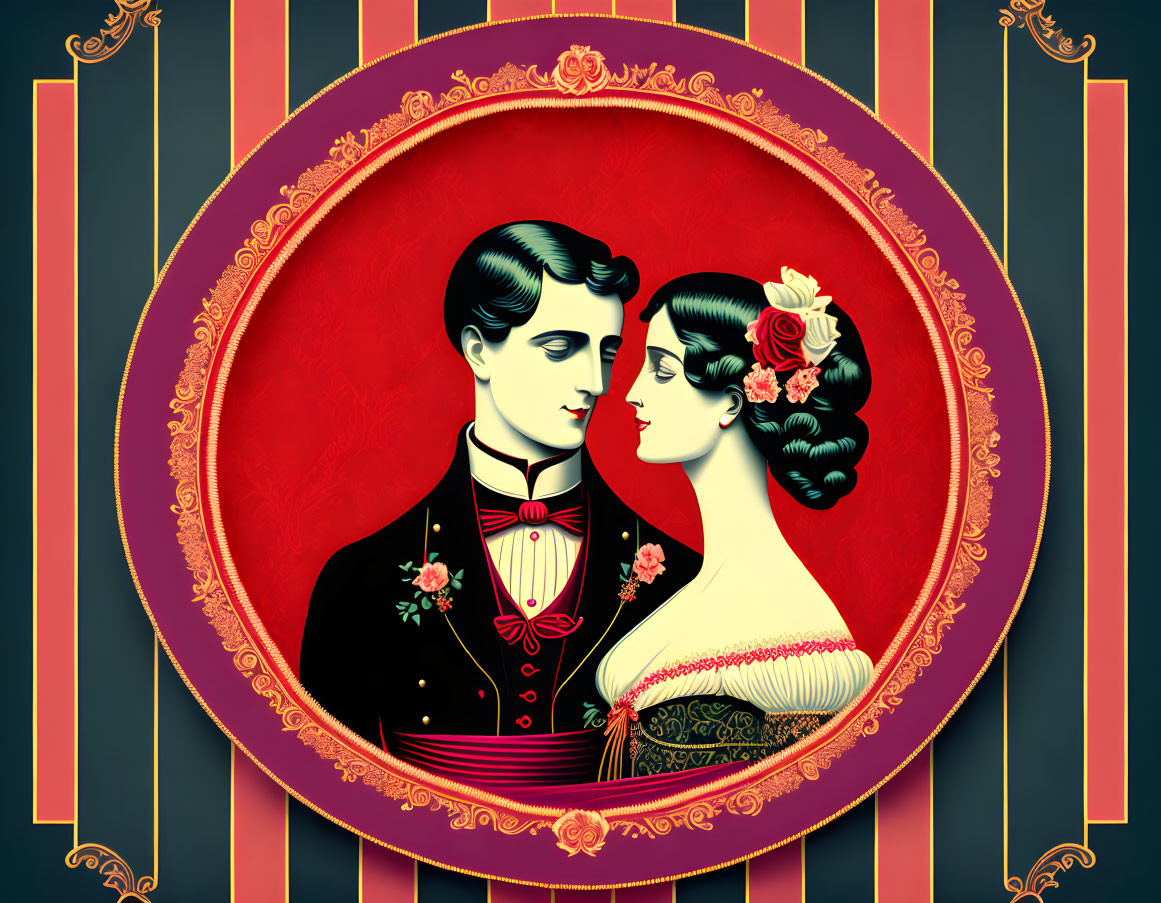 Victorian-era couple in intimate pose, ornate oval frame, striped background