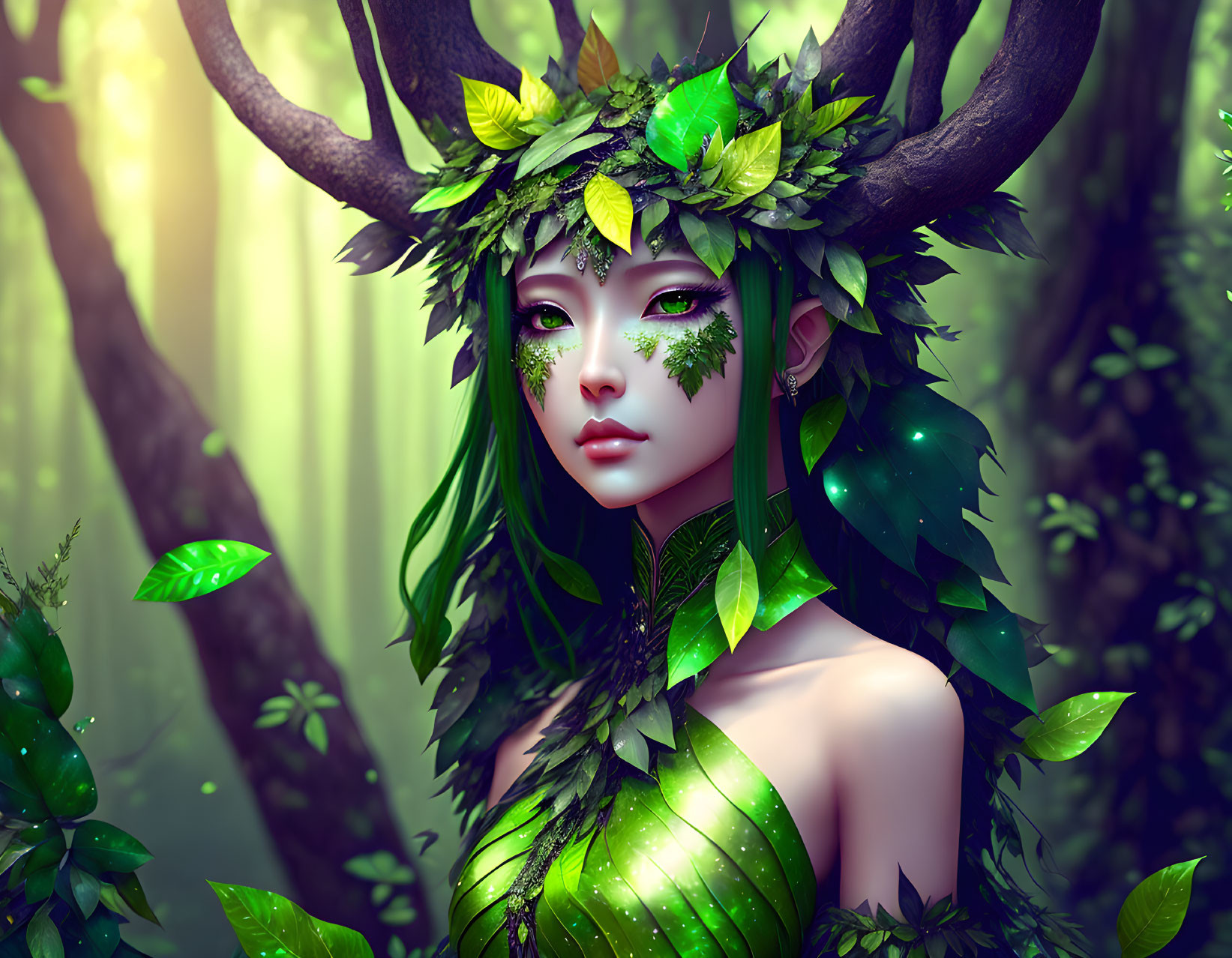 Fantastical image of woman with leaf crown in mystical forest