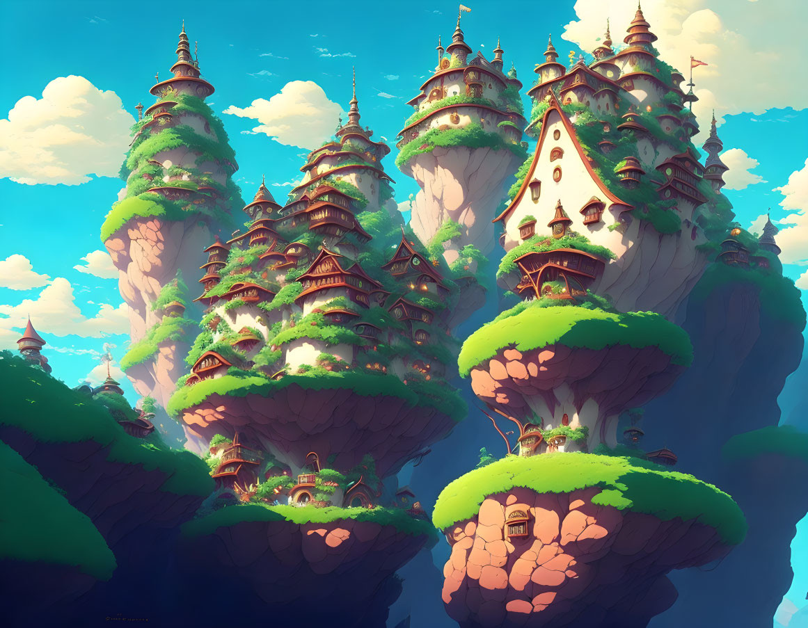 Fantastical floating islands with lush greenery and ornate towers against a clear blue sky