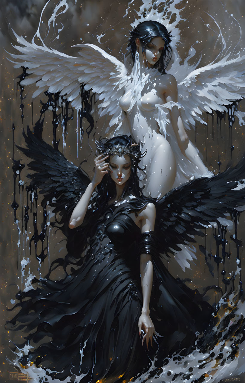 Contrasting angelic figures in digital artwork