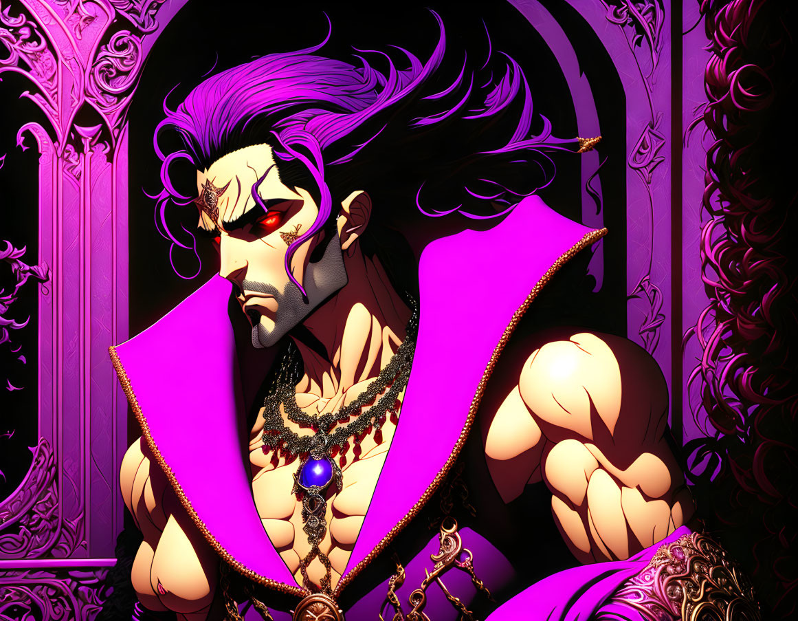Purple-haired, red-eyed animated character with muscles in Gothic setting.