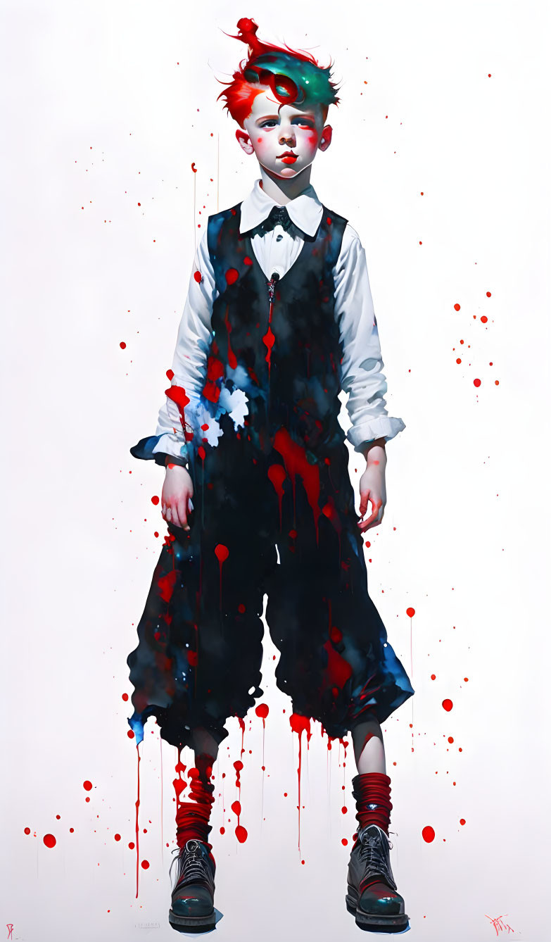 Child portrait with solemn expression in formal attire and red splatters