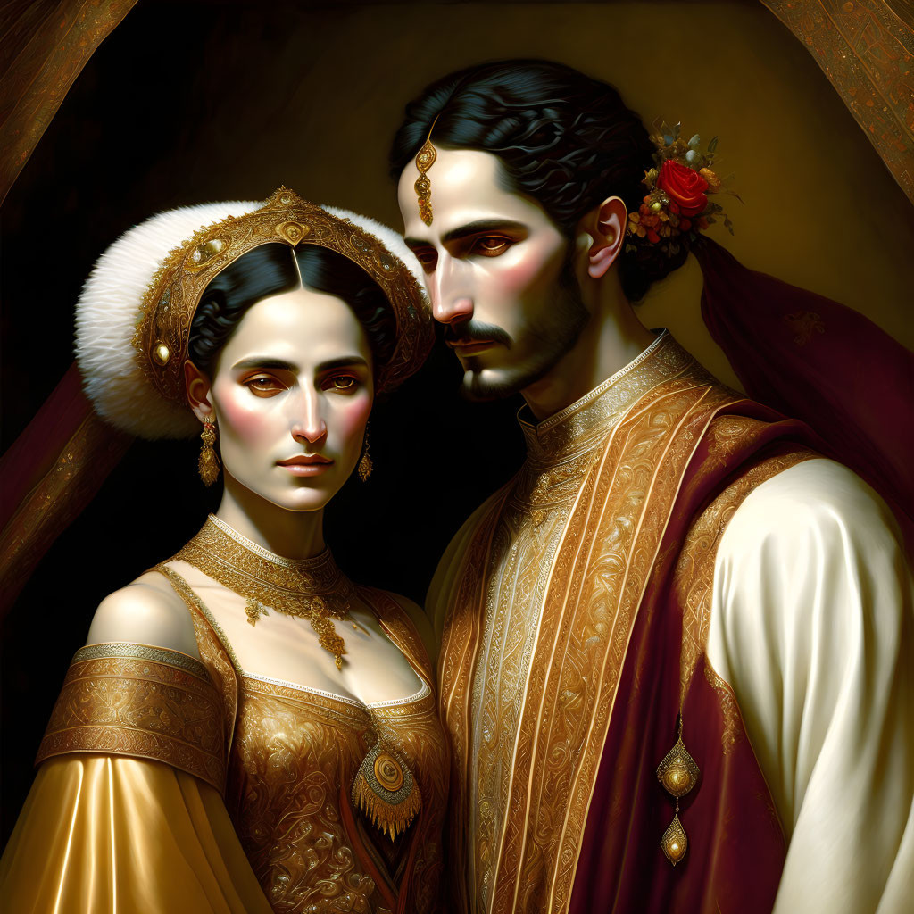 Regal couple in ornate historical attire with gold embroidery