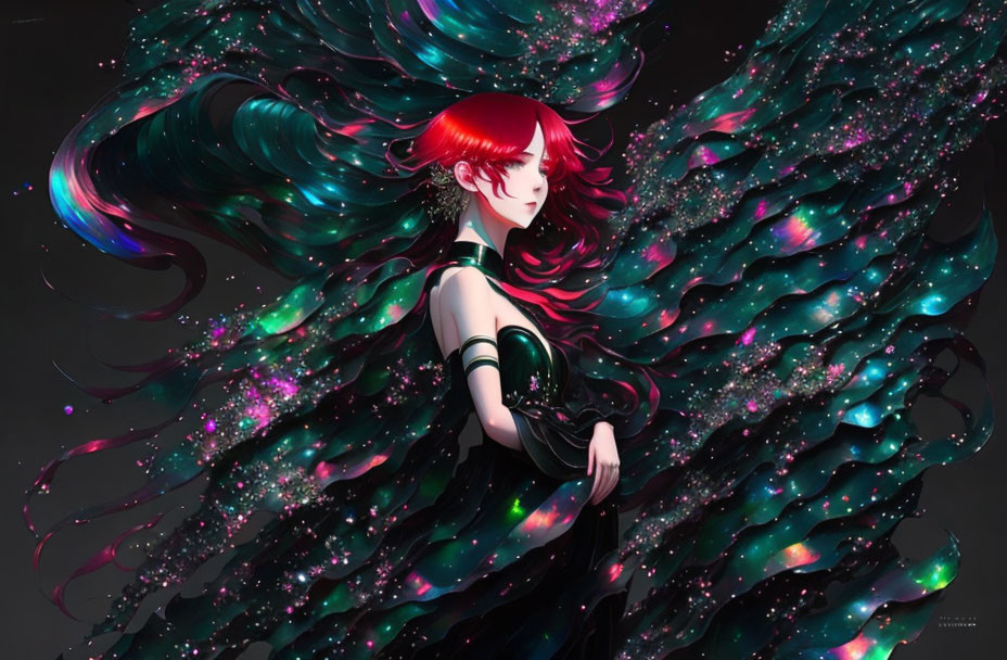 Red-Haired Character in Galaxy Dress on Dark Background