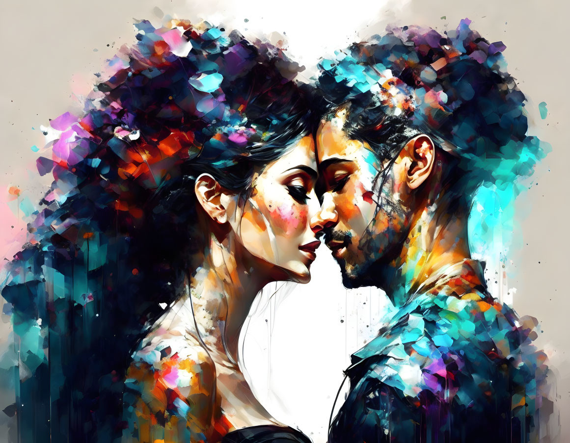 Colorful digital painting of man and woman in profile, close together, with vibrant, splashy colors